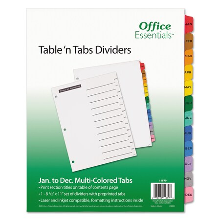 Office Essentials Table of Contents Index Dividers, Monthly Jan-Dec, Multicolor, PK12 11679